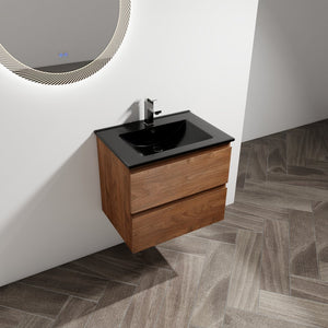 English Elm 24" Wall-Mounted Bathroom Vanity With Black Ceramic Sink & 2 Soft-Close Drawers For Stylish Storage W999S00193