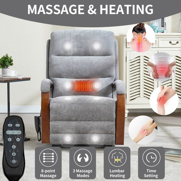 English Elm Power Lift Recliner Chair Chenille Upholstery Dual Motor Heat Massage Solid Wood Arms Gray W1803S00066