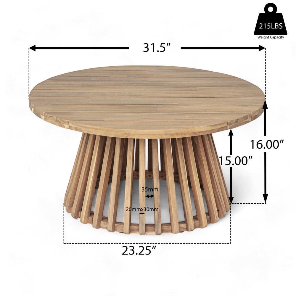 English Elm Christopher Knight Home® - Acacia Round Patio Coffee Table in Light Teak — 31.5” Durable Acacia Wood, Stylish Striped Base outdoor N770P234486T