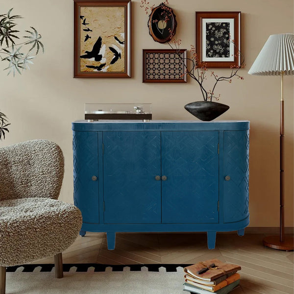 English Elm 47''Oval Handmade Fluted Storage Cabinet with Sliding Shutter Doors, Antique Blue Green Curvy Credenza W2295P290657