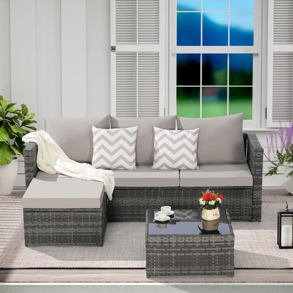 English Elm 2 Piece Outdoor Rattan Sectional Set with Ottoman and Glass Top Coffee Table Light Gray W874P264736
