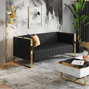 English Elm Trillium 83" Velvet Sofa with Gold Stainless Steel Frame, Vertical Stitching, Plush High-Density Foam Black B365P398096