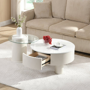 English Elm Round Nesting Coffee Table Set with Hidden Storage Drawer and Space-Saving Stackable Design for Living Room Off White,White W821S00034