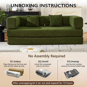 English Elm Convertible Corduroy Floor Sofa with Folding Sleeper and Bolster Pillow for Apartments Green W5638P460475