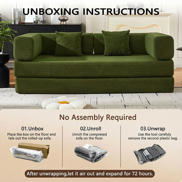 English Elm Convertible Corduroy Floor Sofa with Folding Sleeper and Bolster Pillow for Apartments Green W5638P460475