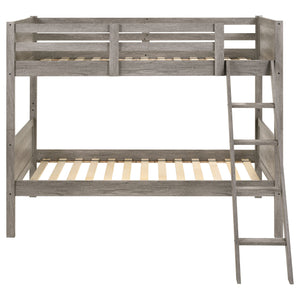 English Elm Brenton Twin-Over-Twin Bunk Bed with Ladder and Slatted Rails, Solid Rubberwood Farmhouse Style Retreat taupe B062S01005