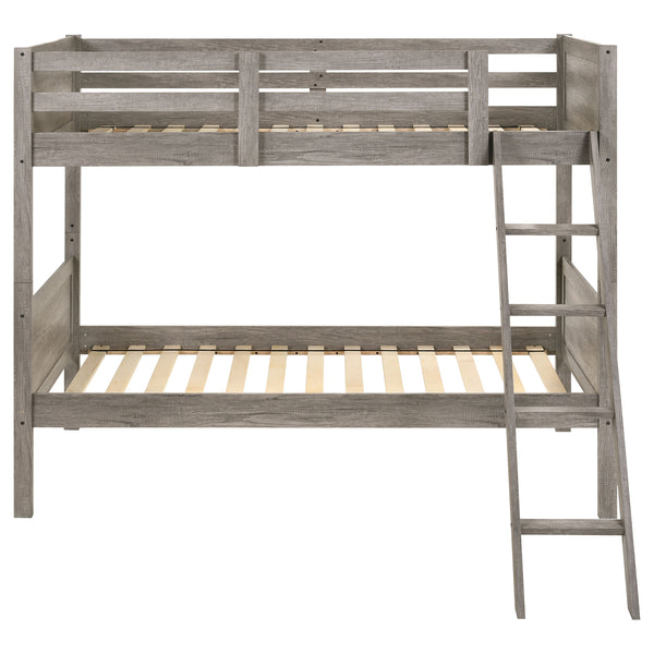 English Elm Brenton Twin-Over-Twin Bunk Bed with Ladder and Slatted Rails, Solid Rubberwood Farmhouse Style Retreat taupe B062S01005