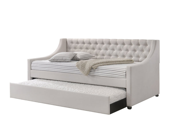 English Elm Lianna Upholstered Button-Tufted Full Daybed with Roll-Out Twin Trundle, Solid Wood Legs, Chic Design Fog 86.13 L x 17.88 W x 5.13 H B2726S00501
