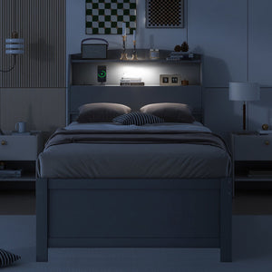 English Elm Twin LED Platform Bed with Trundle and Under-Storage Drawers, Flip-Up Headboard, USB Ports Gray N820S10008E