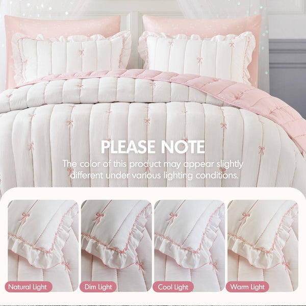English Elm 3-piece Reversible Microfiber Quilt Set Bow Embroidery Ruffled Trim Romantic Bedroom Pink+White B035P482881