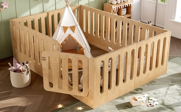 English Elm Queen Solid Pine Montessori Floor Bed for Kids with House Frame and Built-in Door Natural W5305P420640