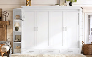 English Elm Queen Murphy Wall Bed with Side Cabinets Open Shelving and Drawers for Studio Rooms White W1580S00452