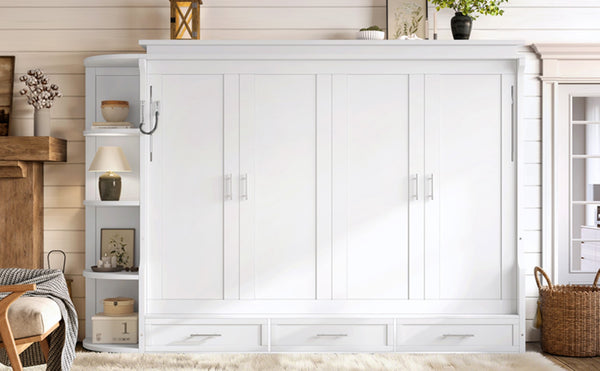 English Elm Queen Murphy Wall Bed with Side Cabinets Open Shelving and Drawers for Studio Rooms White W1580S00452