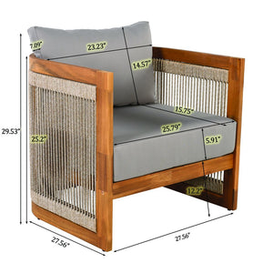 English Elm Christopher Knight Home® - 4-Piece Patio Seating Group Premium Acacia Wood Outdoor Set with Curved Tub Design & Woven Rope Accents, Water-Resistant Cushions and Slatted Table Finish Grey,Teak N767P269282E