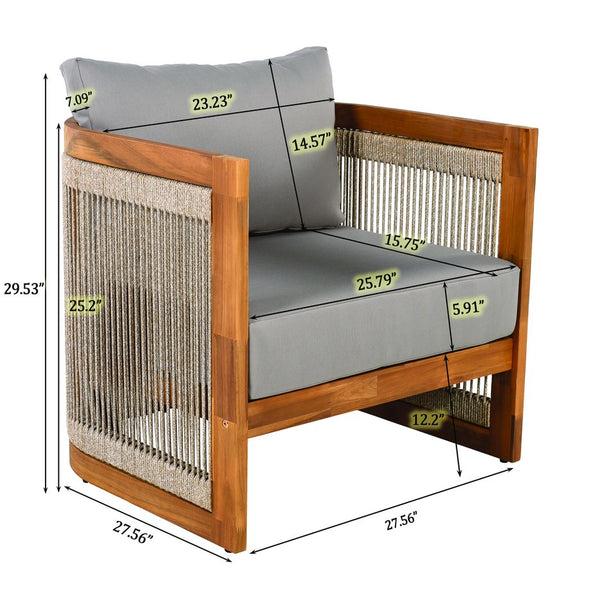English Elm Christopher Knight Home® - 4-Piece Patio Seating Group Premium Acacia Wood Outdoor Set with Curved Tub Design & Woven Rope Accents, Water-Resistant Cushions and Slatted Table Finish Grey,Teak N767P269282E