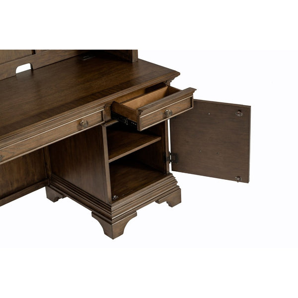English Elm Stigham Burnished Oak 5-Drawer Credenza & Hutch Set - Elegant Workspace With Power & Storage Solutions B062S00801-GIGA