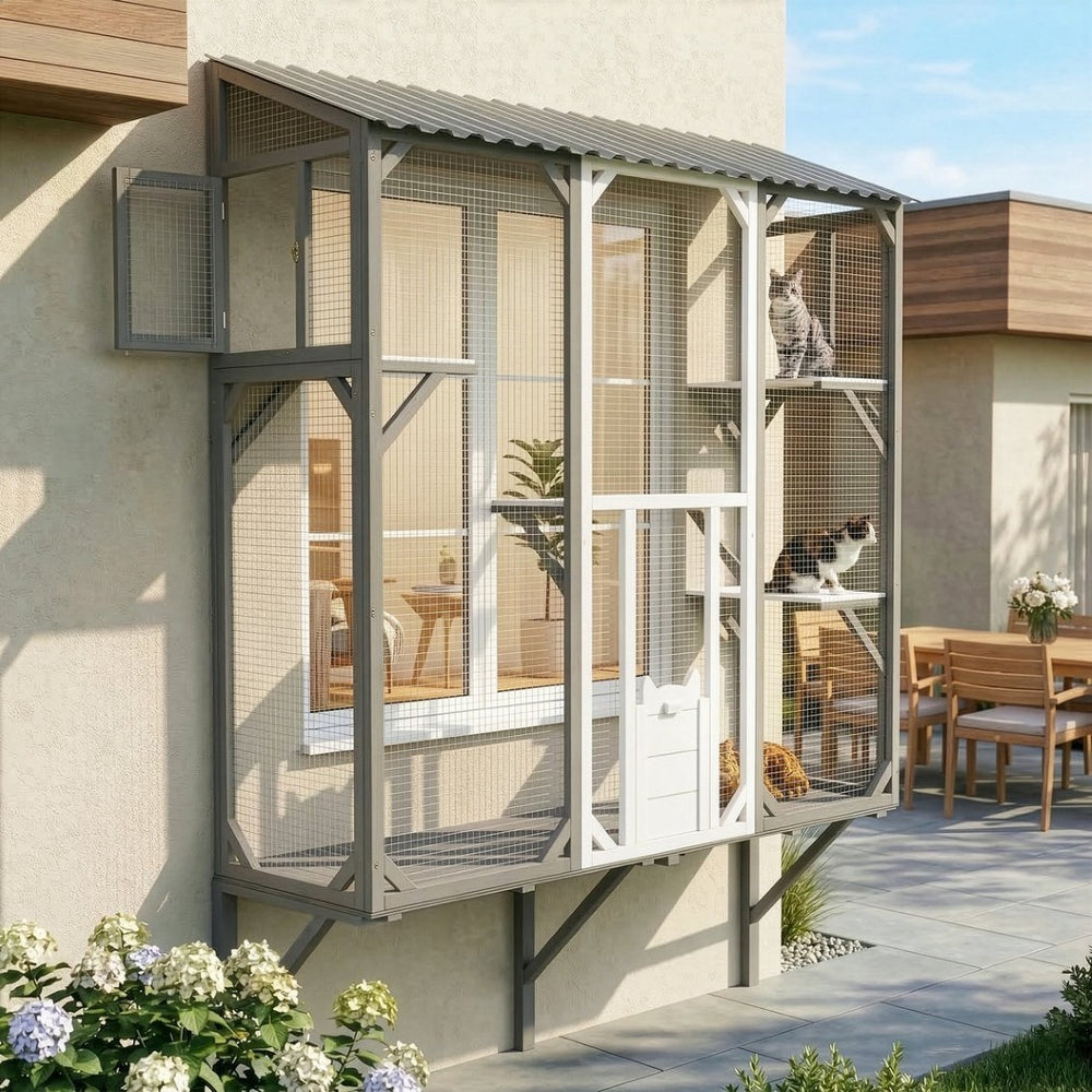 English Elm Outdoor Fir Wood Window Catio Enclosure with Four Climbing Platforms for Cats Grey,White N719P418371K