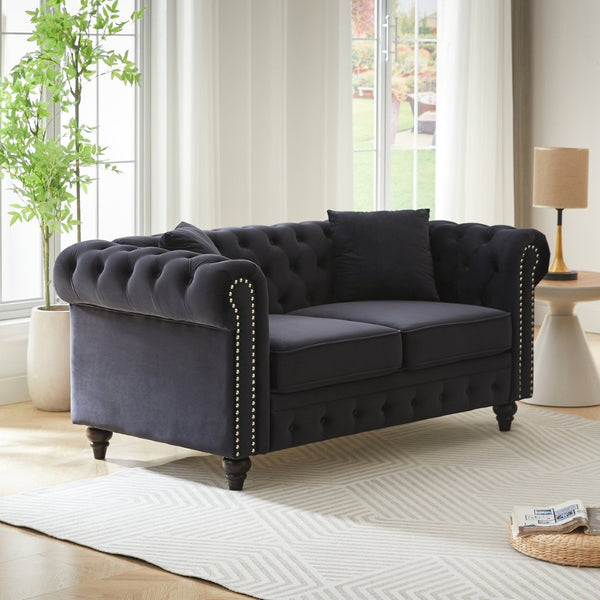 English Elm Fx Chesterfield Sofa Button Tufted Tech Fabric Nail Head Arms Living Room Seat Black W1926S00116