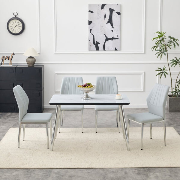 English Elm Table and Chair Set Marble Glass Top with Gray Pu Seating for Modern Dining W1151S04647