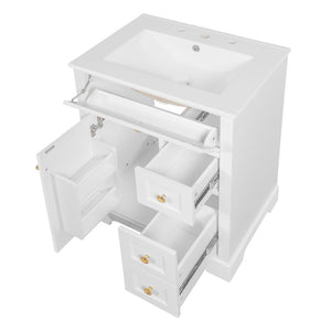 English Elm "24'' 24 Inch Glossy Freestanding Bathroom Vanity with Gold Hardware and Soft Close Storage White Pinewood N725P375495K
