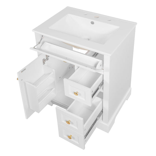 English Elm "24'' 24 Inch Glossy Freestanding Bathroom Vanity with Gold Hardware and Soft Close Storage White Pinewood N725P375495K