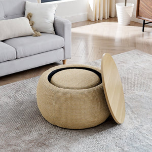 English Elm Round Storage Ottoman with Rattan Fabric Top — 2-in-1 End Table & Seat, Removable Lid, 250lb Capacity W487P215089