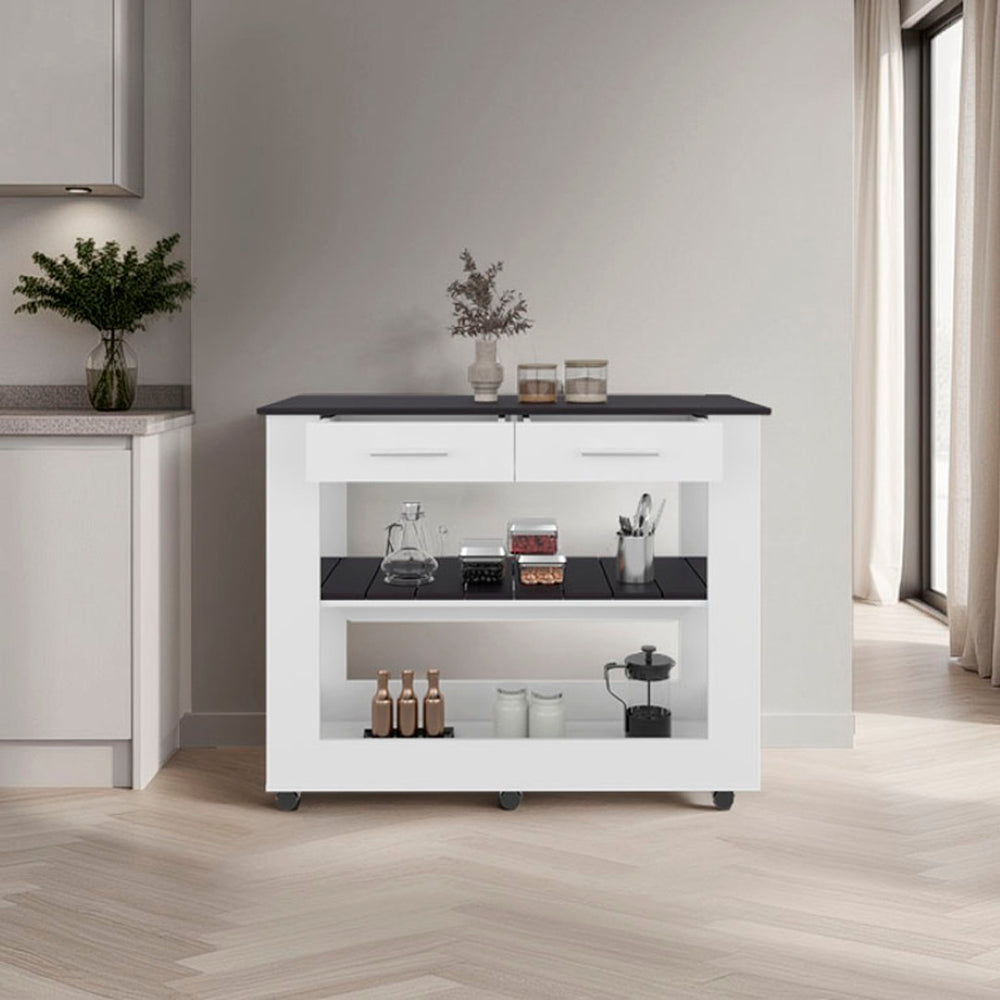 English Elm Hardy Rolling Kitchen Island with Two Drawers Open Shelves and Melamine Work Surface B097P474257
