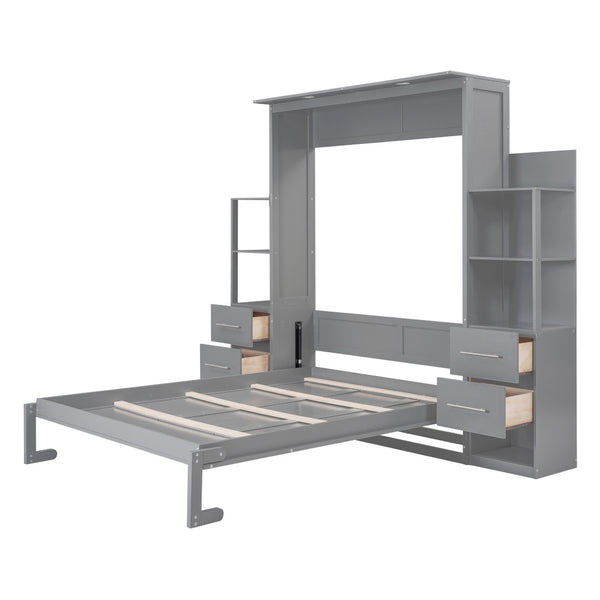 English Elm Queen Murphy Wall Bed with Led Lighting Open Shelves Drawers Space Saving Cabinet LP000566AAE-2