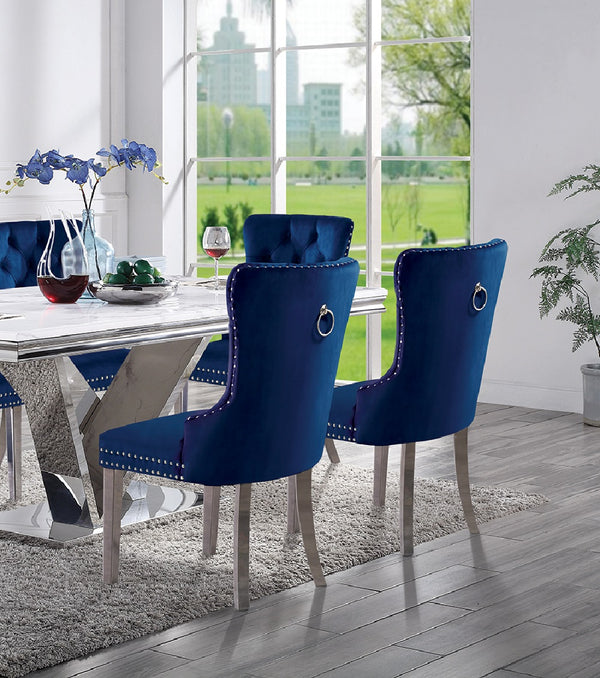English Elm Contemporary Elegant Flannelette Wingback Dining Chair Set with Button Tufting, Nailhead Trim & Chrome Legs Blue 32 L x 26 W x 23 H B011P208975