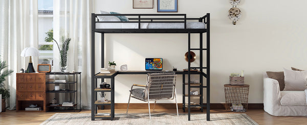 English Elm Full Metal Loft Bed With Vintage Wood Desk & Shelves - Stylish Space-Saving Solution For Bedrooms W1580S00040