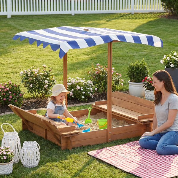 English Elm Kids Cedar Sandbox with Adjustable Canopy Corner Seating Outdoor Backyard Play D720094432