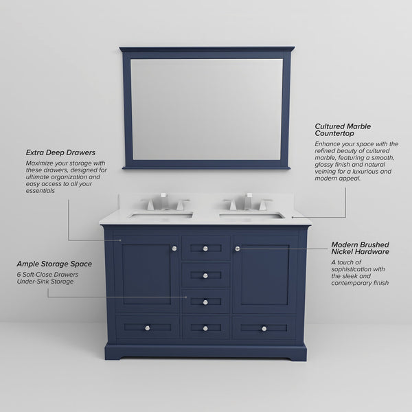 English Elm Navy Double Bath Vanity 48" W x 22" D with Cultured Marble Top, Solid Wood, Soft-Close Drawers and Ample Storage B2731P258335
