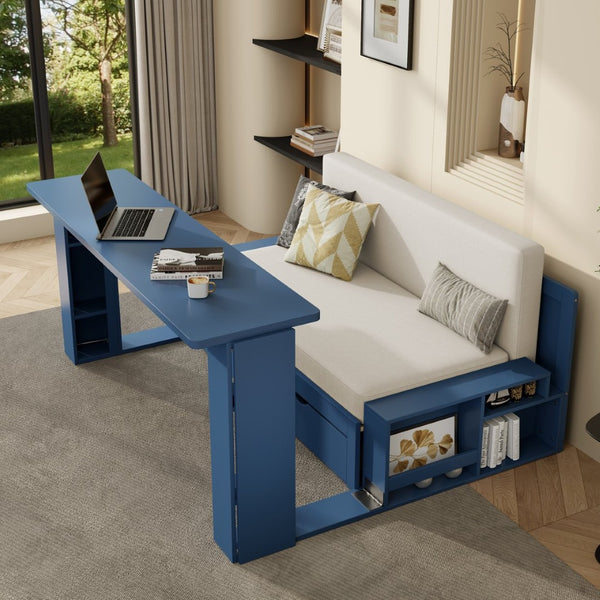 English Elm Full Size Daybed with Hydraulic Desk Armrests Storage Drawer and Sofa Seating Blue LT000271AAC