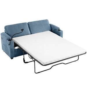 English Elm 72.8" Corduroy Sleeper Sofa Loveseat with Full Mattress, USB Charging, Cup Holders, Storage Pockets Navy Blue N719P208880C