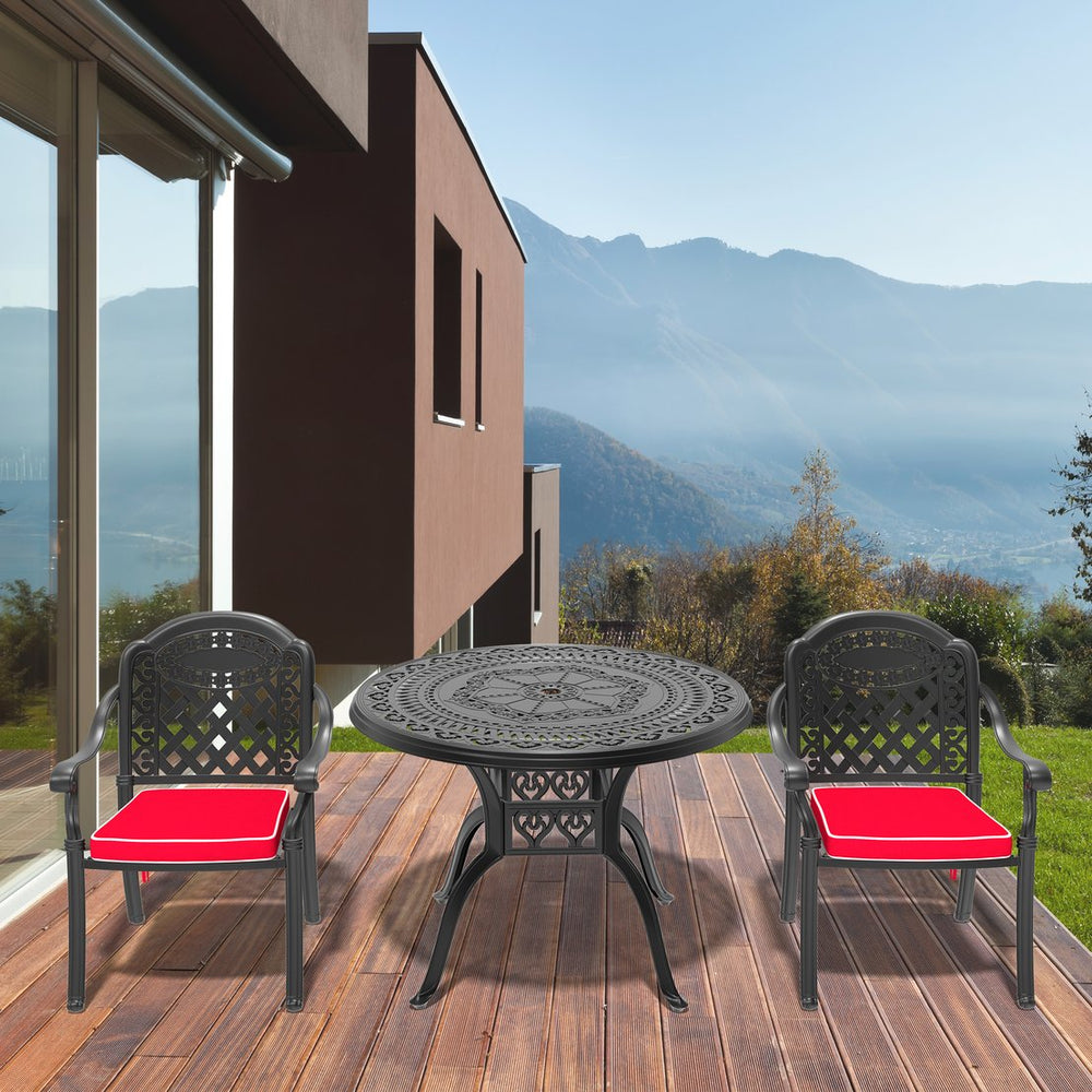 English Elm 3-Piece Black Cast Aluminum Patio Set With Red Cushions - Durable, Compact, And Weather-Resistant! W1710S00063