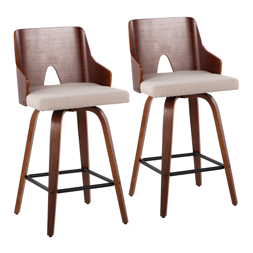 English Elm Ariana Mid-Century 26" Counter Stool Set of 2 in Walnut & Beige Fabric — Swivel, Cushioned, Stylish B202S00172