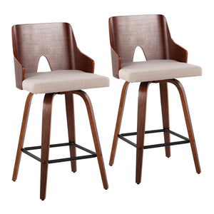 English Elm Ariana Mid-Century 26" Counter Stool Set of 2 in Walnut & Beige Fabric — Swivel, Cushioned, Stylish B202S00172