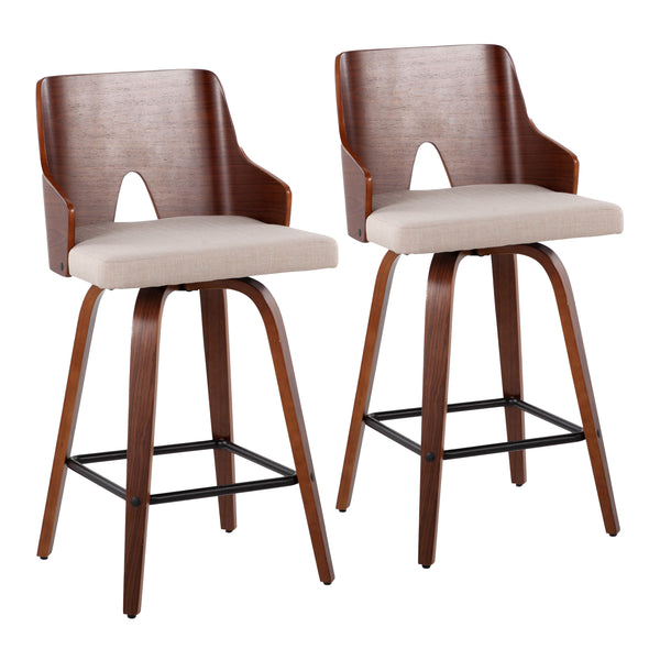 English Elm Ariana Mid-Century 26" Counter Stool Set of 2 in Walnut & Beige Fabric — Swivel, Cushioned, Stylish B202S00172