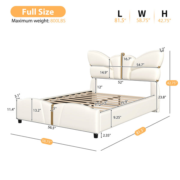 English Elm Christopher Knight Home® - Full Upholstered PU Leather Bed Frame with Butterfly Headboard, Gold Accents, Solid Wood Platform Beige 78.25 L x 10 W x 3.25 H N761S0000018W