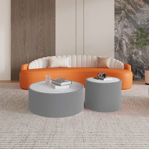 English Elm Light Marble Top Cylinder End Table - Modern Leather-Wrapped Accent For Living Room & Decor W3081P367625