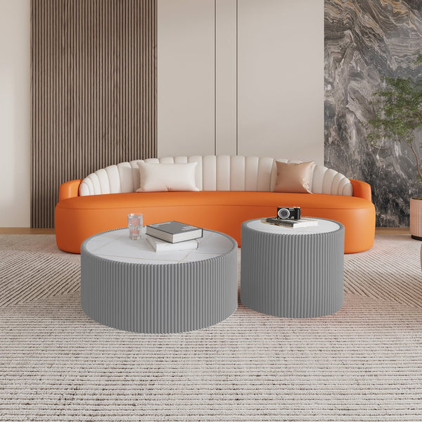 English Elm Light Marble Top Cylinder End Table - Modern Leather-Wrapped Accent For Living Room & Decor W3081P367625