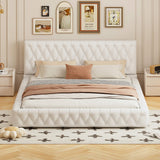 English Elm Queen Size Upholstered Bed With Tufted Headboard, Modern Velvet Platform Bed , No Box Spring Required, White