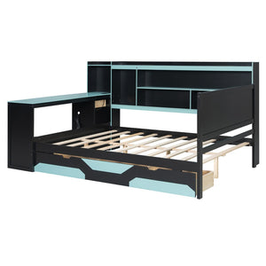 English Elm Full Size Gaming Bed Frame with Desk Led Lights Storage Drawers and Charging Station Black+Blue LP000289AAC