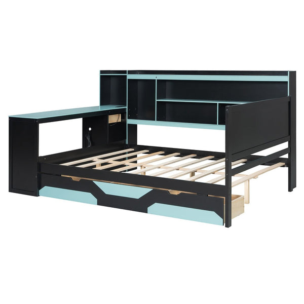 English Elm Full Size Gaming Bed Frame with Desk Led Lights Storage Drawers and Charging Station Black+Blue LP000289AAC
