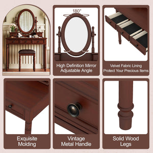 English Elm Vanity Vintage Wooden Makeup Desk with 180° Adjustable Mirror, 5 Velvet‑Lined Drawers & Cushioned Stool Walnut 52.7 L x 22.5 W x 11 H N733P305139D