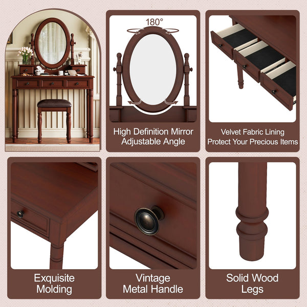 English Elm Vanity Vintage Wooden Makeup Desk with 180° Adjustable Mirror, 5 Velvet‑Lined Drawers & Cushioned Stool Walnut 52.7 L x 22.5 W x 11 H N733P305139D