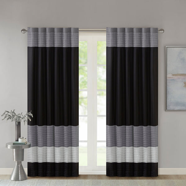 JLA Home Madison Park - Polyoni Modern Pintuck Curtain Panel in Black Charcoal Silver — Lined, Textured Stripes, Rod or Back-Tab Fit MP40-2220