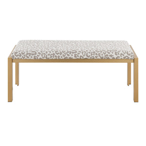 English Elm Fuji Gold Metal Bench with Grey Leopard Fabric Upholstery — Padded Seat, Seats Two, Modern Chic B202S01159