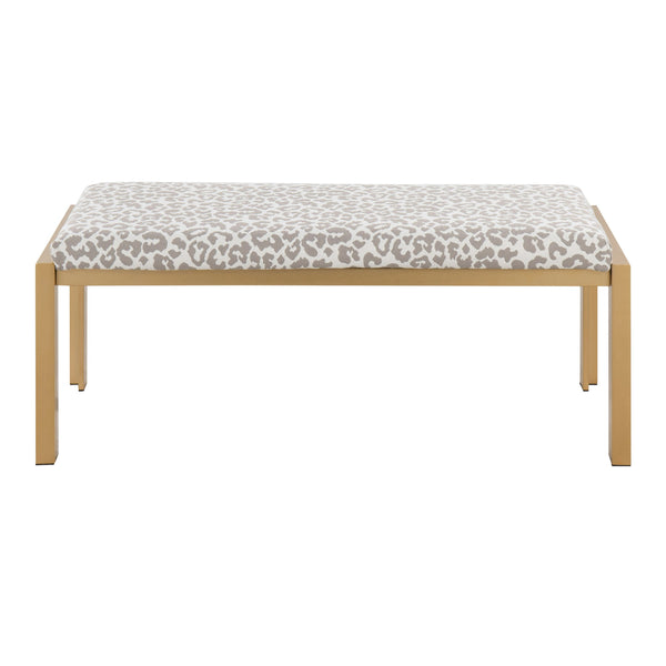 English Elm Fuji Gold Metal Bench with Grey Leopard Fabric Upholstery — Padded Seat, Seats Two, Modern Chic B202S01159