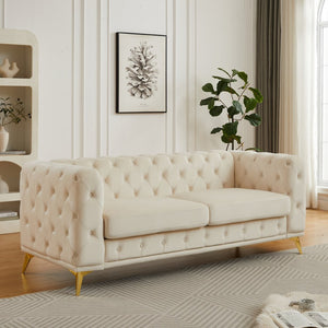 English Elm Fx Chesterfield Velvet Sofa with Diamond Tufting Polished Legs and Accent Pillows Beige W1926S00080